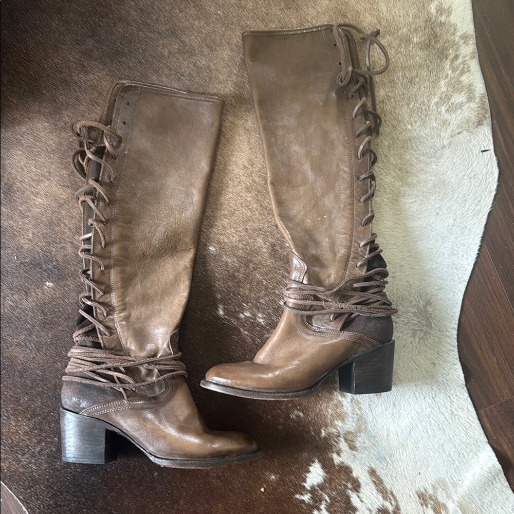 Freebird COAL Tall Brown Leather Knee-High Boots Riding Lace Up Back Size 9
